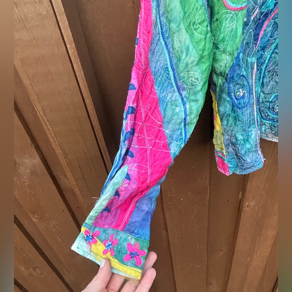 VINTAGE ANAGE Silk Appliqué Patchwork Jacket Lagenlook Art Wear 90s Funky Size M - Picture 13 of 16